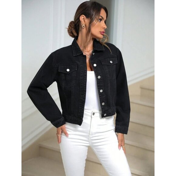 Classic denim jacket button up jean jacket black - Picture 1 of 6